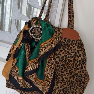 Leopard Print Tote Bag with Green Accent Scarf